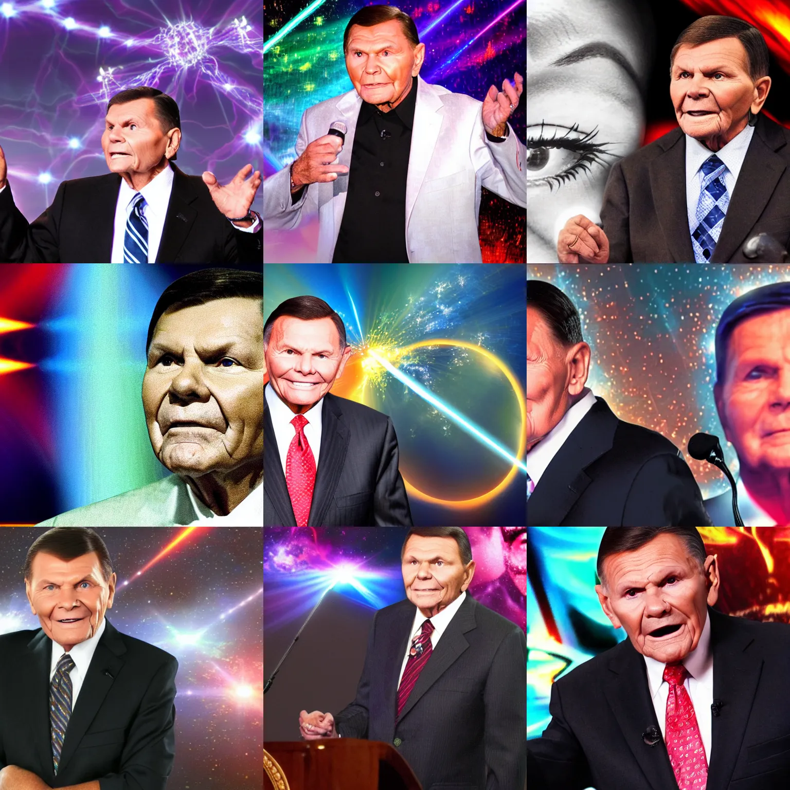 Prompt: high quality photo of christian televangelist kenneth copeland, laser eyes, hellfire background