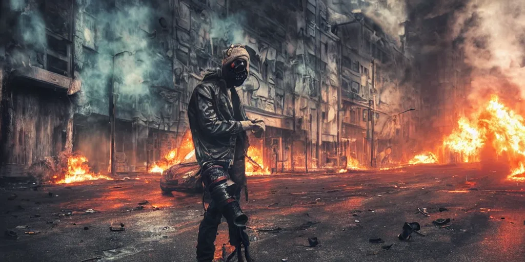 Image similar to post - apocalyptic city streets, close - up shot of an anarchist with a gasmask, burning cars, explosions, colorful smoke, hyperrealistic, gritty, damaged, dark, urban photography, photorealistic, high details