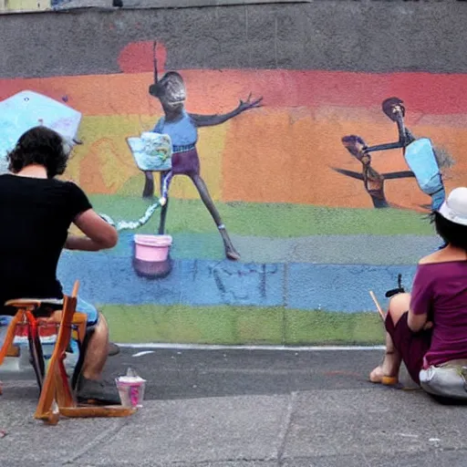 Prompt: « 3 artists painting a collective mural with people in the street »