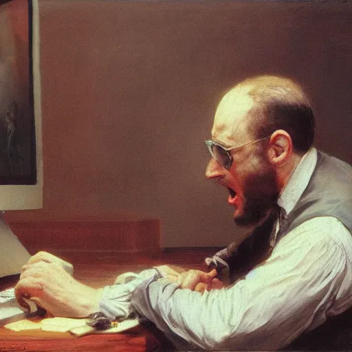 Image similar to an angry man yells at his computer monitor, oil on canvas, 1 8 8 3, highly detailed