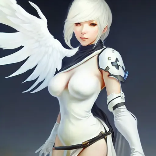 Prompt: greg manchess painting of a 2 yorha type a no. 2 as mercy from overwatch!!, white long hair, large white wings, wartorn environment, organic painting, trending on artstation, by huang guangjian and gil elvgren and sachin teng