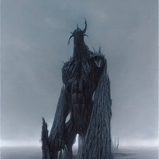 Prompt: concept art of a giant titan, wendigo, foreboding, fantasy, valley, heavy fog, wayne barlowe and zdzislaw beksinski