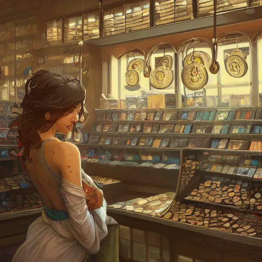 Image similar to modern coin shop with a lot of coins, 4 k, octane, digital painting, artstation, concept art, sharp focus, illustration, art by artgerm and greg rutkowski and alphonse mucha