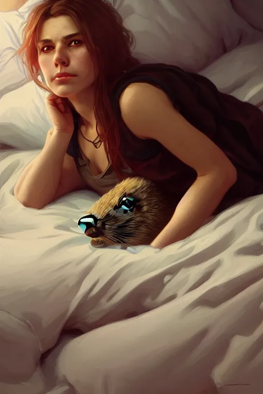 Prompt: drug addict groundhog lies on the bed, realistic portrait, highly detailed, digital painting, artstation, concept art, smooth, sharp focus, illustration, cinematic lighting, art by artgerm and greg rutkowski and alphonse mucha