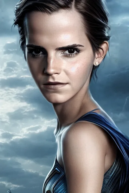 Image similar to a fancy close up of Man of Steel cast as Emma Watson by Greg Rutkowski, full body shot