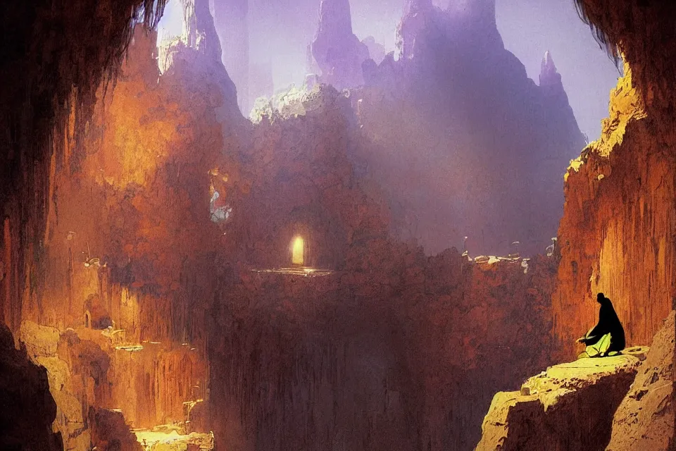 Image similar to a monk, i live in a cave, i live to create, by moebius and john harris, atmospheric hues, concept art, saturation 4