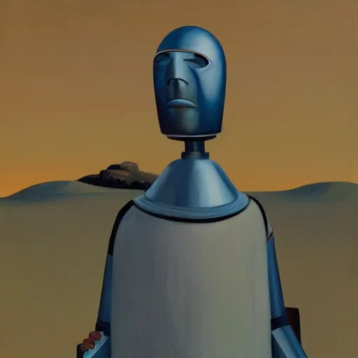 Prompt: lawrence of arabia robot, grant wood, pj crook, edward hopper, oil on canvas