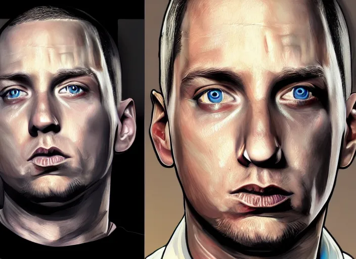 Image similar to eminem in gta v covert art painted by stephen bliss, centered, uncropped, full body, symmetrical face, crispy, trending on artstation, deviantart