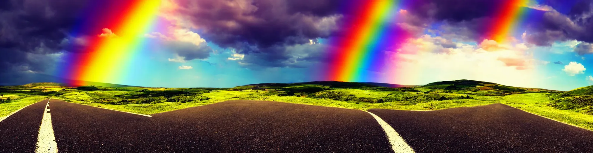 Image similar to a wide and vast landscape with sunny sky and clouds, road over hill with rainbow in background, cinematic lighting, digital art