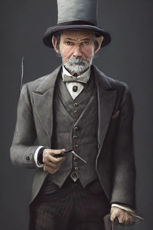 Image similar to A fancy portrait of a grey hair old halfling with stubble top hat and suit by Greg Rutkowski, Sung Choi, Mitchell Mohrhauser, Maciej Kuciara, Johnson Ting, Maxim Verehin, Peter Konig, Bloodborne, 8k photorealistic, cinematic lighting, HD, high details, dramatic, dark atmosphere, trending on artstation