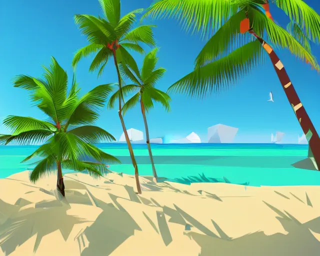 Prompt: low poly vector illustration, wide angle shot of a tropical beach, green dunes, calm shore, noon, cinematography by jim jarmusch