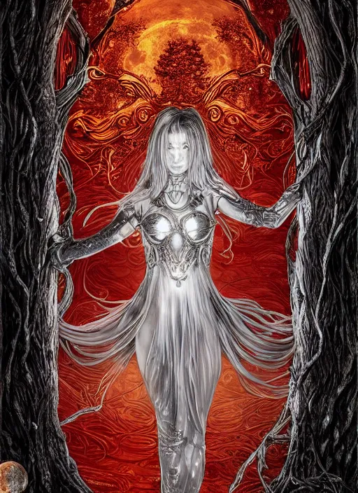 Image similar to glowing silver and golden elements, portrait, A beautiful dark witch in front of the full big moon, book cover, green forest, red white black colors, establishing shot, extremly high detail, foto realistic, cinematic lighting, pen and ink, intricate line drawings, by Yoshitaka Amano, Ruan Jia, Kentaro Miura, Artgerm, post processed, concept art, artstation, matte painting, style by eddie, raphael lacoste, alex ross