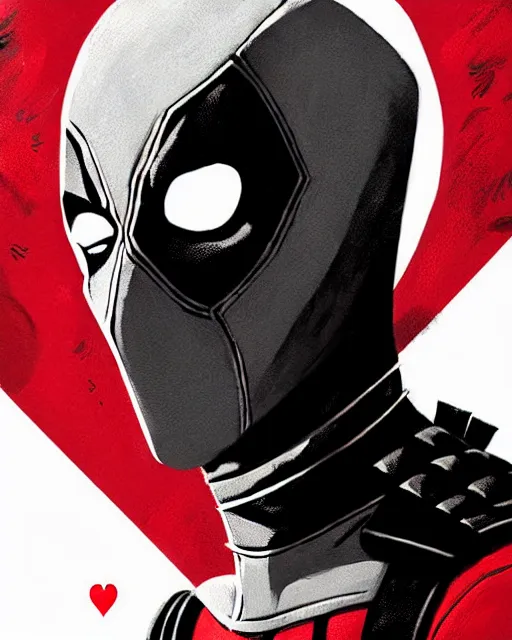 Image similar to highly detailed closeup portrait of deadpool on the queen of hearts card, by atey ghailan, by greg rutkowski, by greg tocchini, by james gilleard, by joe fenton, by kaethe butcher, red, black, crimson and grey color scheme