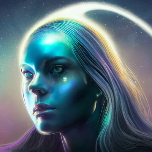 Prompt: celestial goddess facial portrait, legendary epic shot, 90s make-up, galaxy space hunter, cyber implants, wires, low angle, dawn, by artgerm, julie bell, beeple and Greg Rutkowski, airbrush, science fantasy, 90s, concept art, realistic matte painting, Smooth gradients, octane render, 8k, High contrast, duo tone, depth of field, volumetric lightning, very coherent, symmetrical, skin pore detail