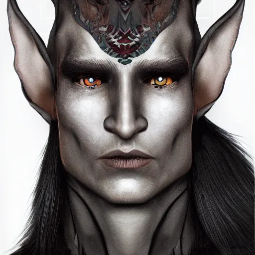 Image similar to vogue magazine head and shoulders portrait photo of a male drow elf wizard