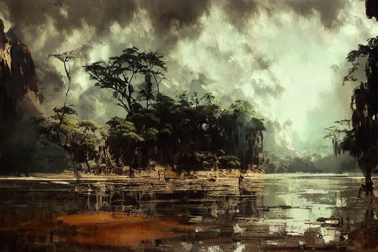 Prompt: painting of thailand landscape, by jeremy mann and greg rutkowski, dramatic, cinematic light, oil on canvas