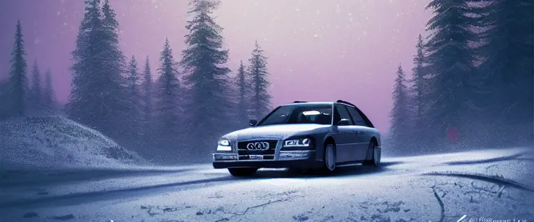 Image similar to Audi A4 B6 Avant (2002), a gritty neo-noir, dramatic bright lighting, cinematic, establishing shot, extremely high detail, photorealistic, cinematic lighting, artstation, by simon stalenhag, Snowy japanese mountain road, Palmont City canyons, At night