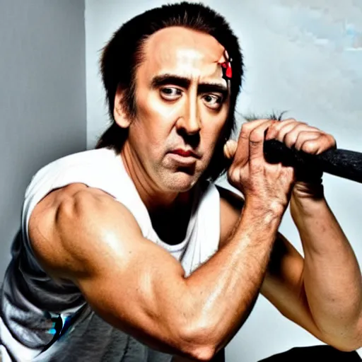 Prompt: nic cage covered in sweat while lifting an elephant