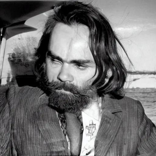 Prompt: charles manson riding a flying fish