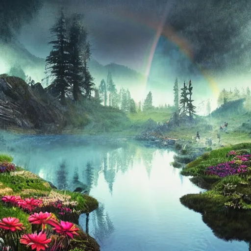 Image similar to an alpine lake, ornate, beautiful, atmosphere, vibe, mist, rainbow, wet, puddles, fern, flowers, concept art illustration, color page, tone mapping, akihiko yoshida, james jean, andrei riabovitchev, marc simonetti, digital illustration, greg rutowski, volumetric lighting, sunbeams, particles