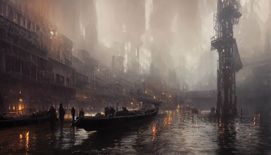 Image similar to Dieselpunk Venice city, steam, dieselpunk gondola, oil petroleum black rivers, epic composition, intricate, elegant, volumetric lighting, digital painting, highly detailed, artstation, sharp focus, illustration, concept art, ruan jia, steve mccurry