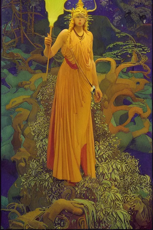 Image similar to lost queen of the forest with her scepter, by Nicholas Roerich and jean delville and Maxfield Parrish, dramatic cinematic lighting , ornate headdress , lost civilizations, extremely detailed