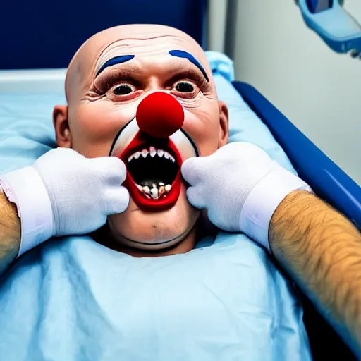 Image similar to confused laughing clown lying in hospital bed with wrist restraints on, restraint fabric straps attached to hospital bed, photograph, 8 k