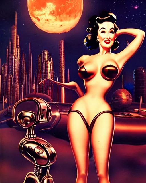 Prompt: closeup beautiful retro space dita von teese posing with a chrome robot in diesel punk city at night, pinup, windblown dark hair, seductive, hyper detailed, digital art, smooth, sharp focus, luis royo, gil elvgren, alberto vargas, 1 9 5 0, when mars attacks