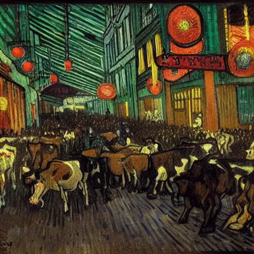 Prompt: cows trying to get into The Steakhouse inside Circus Circus casino at 3AM during a riot, surreal, ultra detailed, by vincent van gogh in 1890