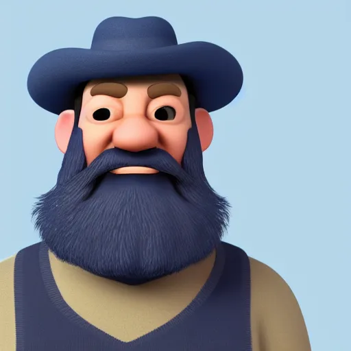 Prompt: a man with a beard wearing a blue outfit, an ambient occlusion render by Pixar, polycount, superflat, 3d, hd mod, bryce 3d