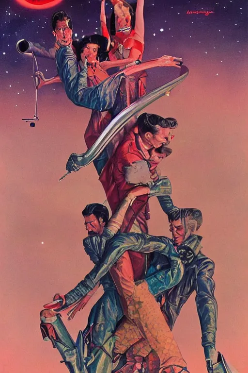 Prompt: realistic detailed 1 9 5 0 s style movie poster, retrofuturistic, beautiful vampires in space. moebius, brom, ian miller, moody vibrant colors, 4 k