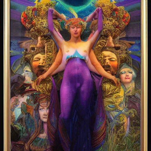 Image similar to goddess of the future city, by Annie Swynnerton and Diego Rivera and Tino Rodriguez and Maxfield Parrish, elaborate headdress and embroidered velvet, iridescent beetles, rich color, dramatic cinematic lighting, extremely detailed