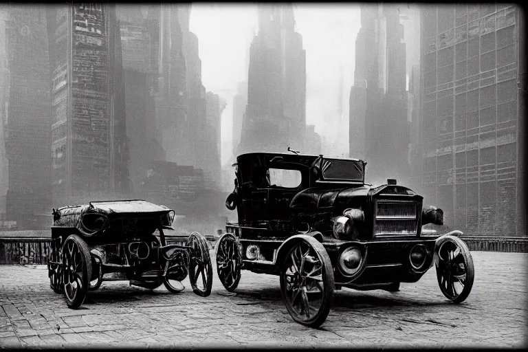 Image similar to cyberpunk 1 9 0 8 model ford t by paul lehr, metropolis, parked by view over city, vintage film photo, robotic, black and white photo