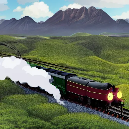 Prompt: miyazaki style, expansive landscape with mountains in the background and wind swept fields in the foreground, a steam powered train is going from left to right on tracks in the middle of the scene, ultra high quality render in 8 k ghibli film type