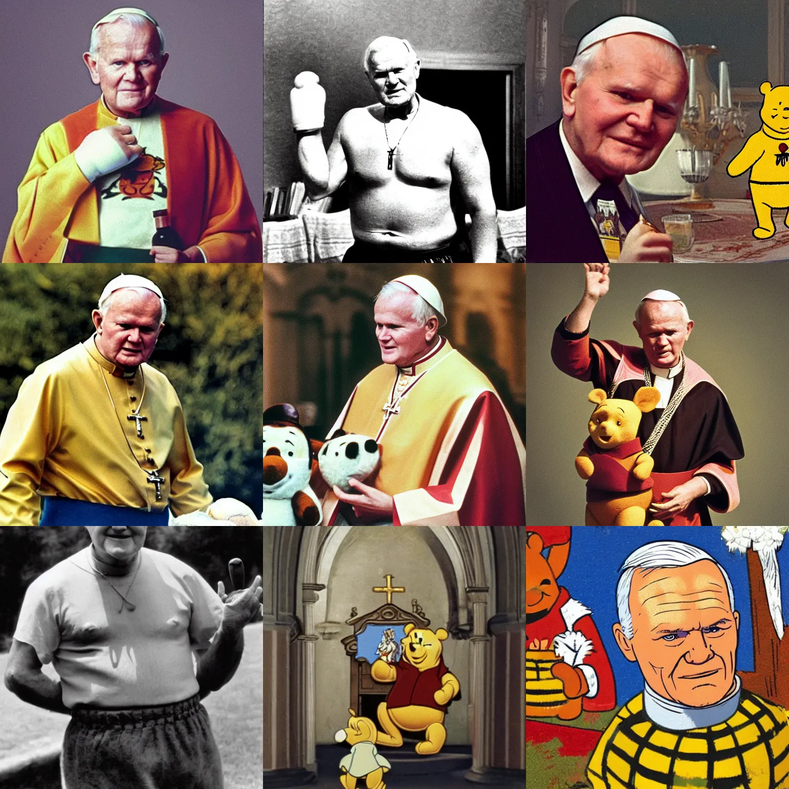 Prompt: John Paul II with a six-pack fighting with Winnie the Pooh