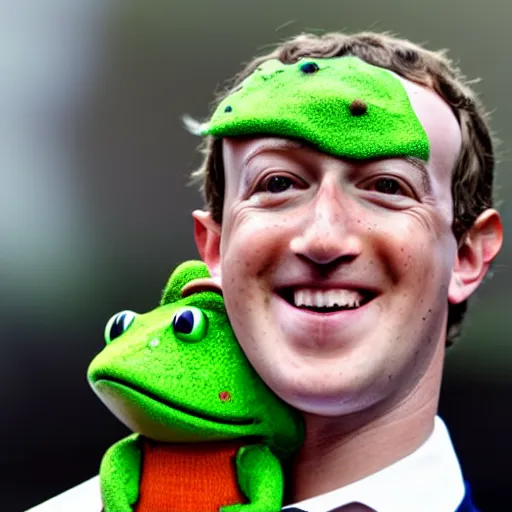 Image similar to mark zuckerberg with a frog on his shoulder