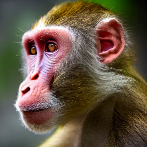 Prompt: highly detailed rhesus macaque monkey looking distinguised, posing for the camera, strong facial features