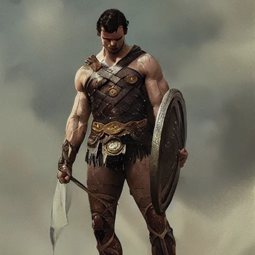 Image similar to henry cavill as a greek gladiator, gorgeous, amazing, muscular, intricate, highly detailed, digital painting, artstation, concept art, sharp focus, illustration, art by greg rutkowski and alphonse mucha