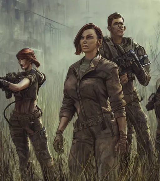 Image similar to fallout 5, concept art brunette female enclave officer leading a squad portrait, concept art, outdoors industrial setting, spring time, slight overcast, atmospheric lighting, painted, intricate, volumetric lighting, beautiful, sharp focus, golden hour, ultra detailed by leesha hannigan, ross tran, thierry doizon, kai carpenter, ignacio fernandez rios