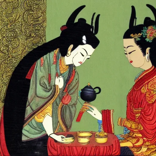 Image similar to guanyin having tea with anubis