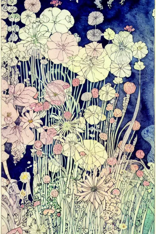 Prompt: flowers on watercolor paper background art by kay nielsen and walter crane, illustration style, watercolor