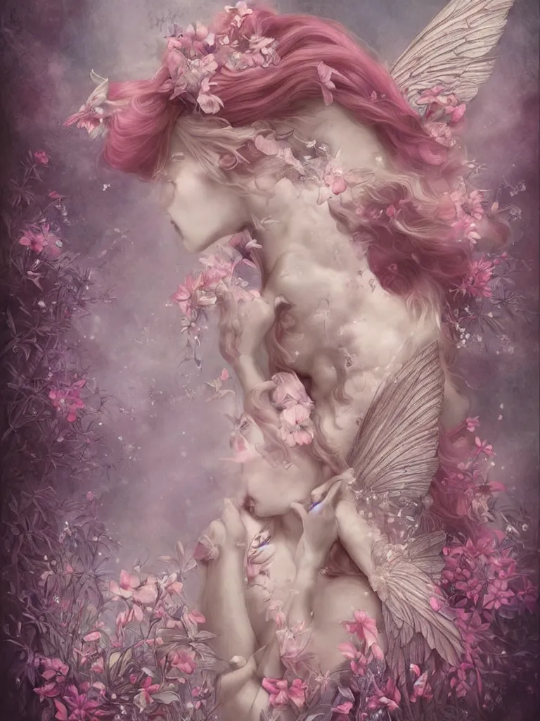 Prompt: symmetry!! a pink beautiful fairy with large wings and flowing hair is exploring her flower garden, style of tom bagshaw, extremely detailed, muted colors, negative space