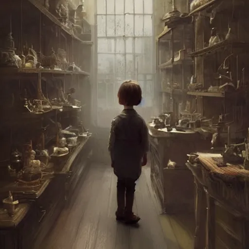 Image similar to human child standing in a victorian doll maker's shop looking at all of the dolls, high detail, digital art, painted by greg rutkowski, painted by seb mckinnon, trending on artstation