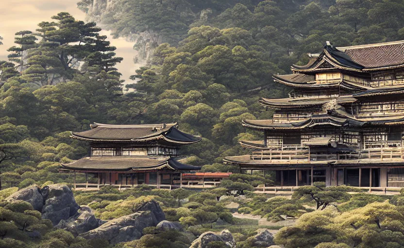 Prompt: highly detailed painting of old, ruined, japanese palace from sengoku period, surrounded by dense rock formations, high in mountains, cinematic lighting, photobash, unreal engine render, nanite