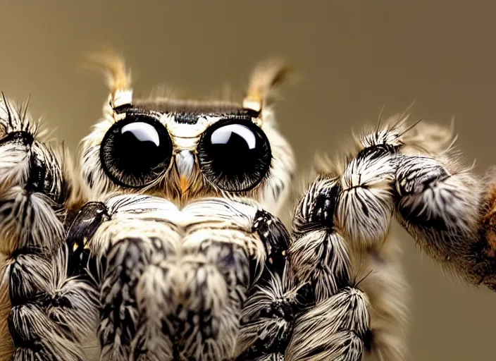 Prompt: jumping spider mixed with owl, highly detailed, macro lens,