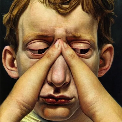 Image similar to high quality high detail painting by lucian freud, hd, portrait of a stressed boy, worried, sad, photorealistic lighting