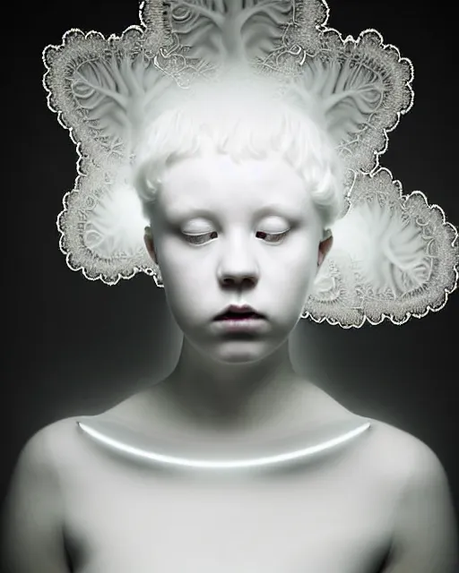 Image similar to dreamy foggy soft luminous bw art photo, beautiful young spiritual albino biomechanical female cyborg, mandelbrot fractal porcelain profile face, very long neck, halo, white smoke atmosphere, rim light, big leaves and stems, fine foliage lace, alexander mcqueen, art nouveau fashion pearl embroidered collar, steampunk, elegant