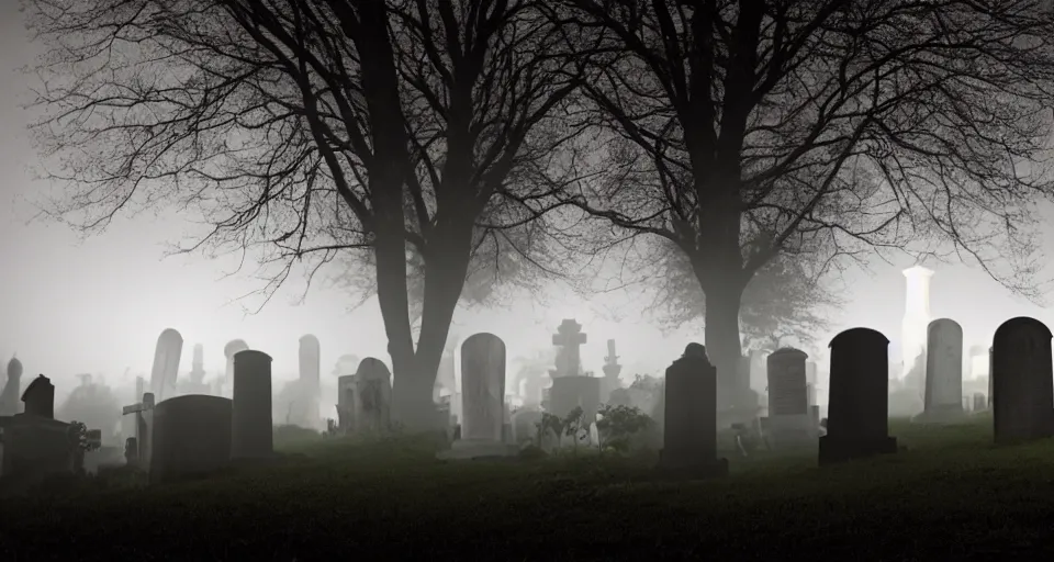 Prompt: Cinematic still of creepy cemetery by the river thames at night, thick mist fills the ground, directed by Wes Craven