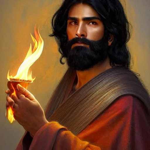 Image similar to perfectly-centered-Portrait of a black haired latino cleric druid, flame wielding, The Perfect Human male Specimen, intricate, elegant, super highly detailed, professional digital painting, artstation, concept art, smooth, sharp focus, no blur, no dof, extreme illustration, Unreal Engine 5, 8K, art by artgerm and greg rutkowski and alphonse mucha loish and WLOP