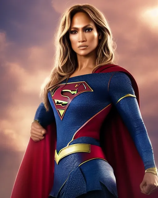 Image similar to 5 5 mm portrait photo of jennifer lopez as supergirl. magical atmosphere. art by artgerm and greg rutkowski. highly detailed 8 k. intricate. lifelike. soft light. nikon d 8 5 0.